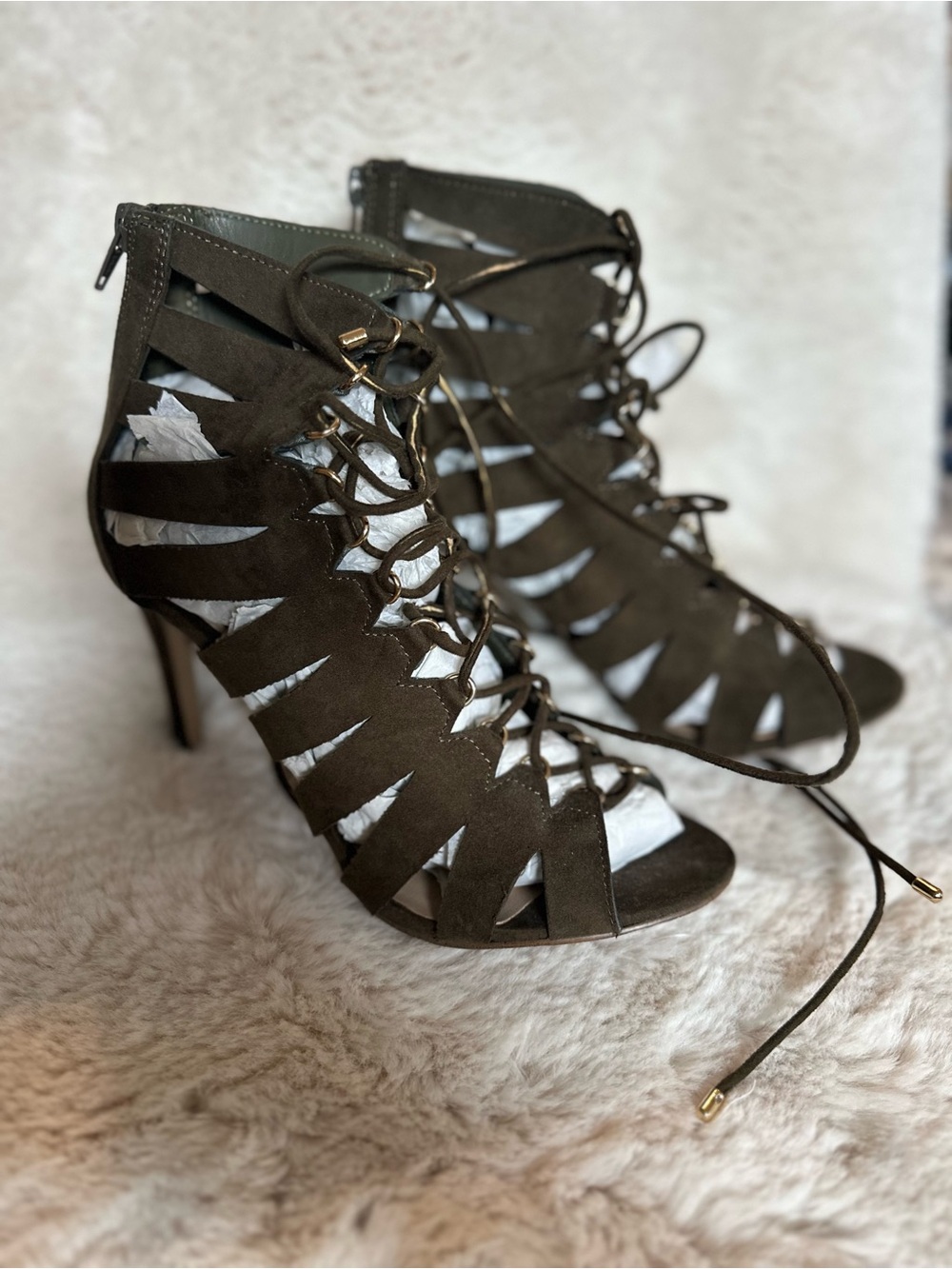 Aldo Olive Green Suede Lace-Up Cutout Stiletto Heels